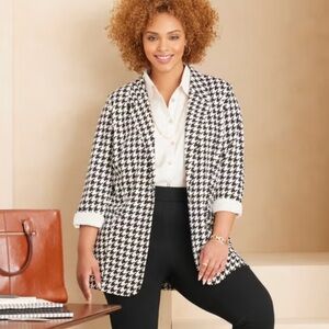 Liz & Me 3X Black White Houndstooth Stretch Knit Blazer Jacket Plus Size